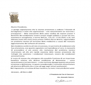 EMERGENZA COVID 19 - COA CATANZARO sollecita informazioni sullo stato delle istanze presentate TRIBUNALE DI SORVEGLIANZA di Catanzaro