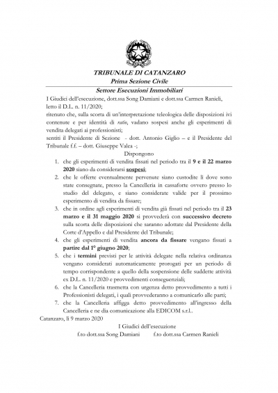 EMERGENZA COVID 19 - I provvedimenti della sezione ESECUZIONI IMMOBILIARI del TRIBUNALE DI CATANZARO