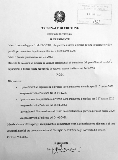 EMERGENZA COVID 19 - Provvedimento del PRESIDENTE DEL TRIBUNALE DI CROTONE