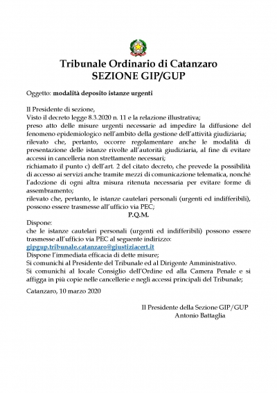 EMERGENZA COVID 19 - Gestione delle ISTANZE dirette all&#039;UFFICIO GIP/GUP Catanzaro